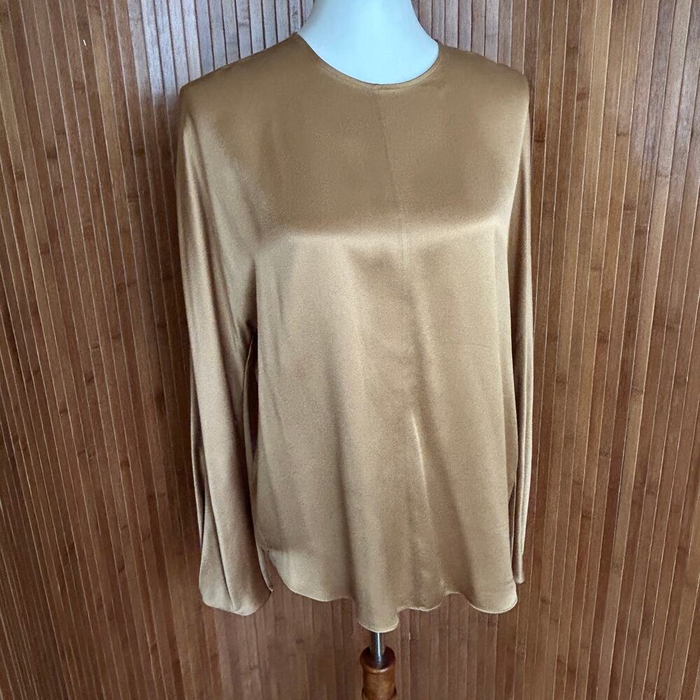 Vince Luxury Gold Silk Long Sleeve Crew Neck Blouse Top Medium